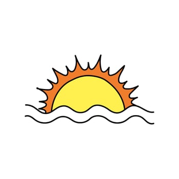 Bright sun rising above ocean waves, minimalist design vector