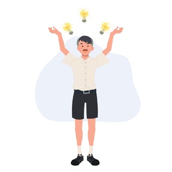 thinking concept, idea innovation, cute Thai student boy with many light blub above. illustration vector