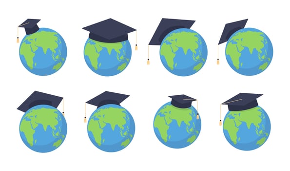 Graduation caps on globes illustration vector