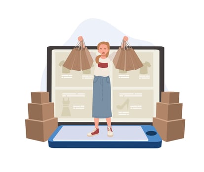 online shopping concept, e-commerce. woman with shopping bags in both hands enjoy online shopping from smartphone. flat illustration vector