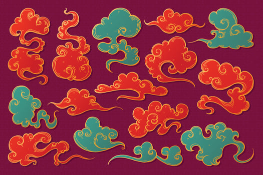 Cloud Collection in Japanese and Chinese Hand Drawn Style. Asian traditional wavy red and teal cloud set with golden outline. Elegant decorative set perfect for cards, web, banners, posters, flyers vector