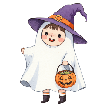 Cute Baby in Ghost Costume for Halloween with Pumpkin Basket and Witch Hat png