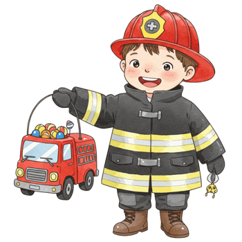 Happy Child in Firefighter Costume Holding Red Toy Fire Truck with Colorful Lights png