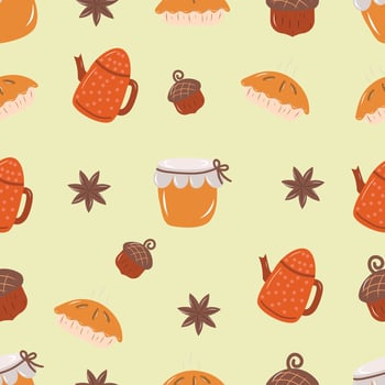 Pumpkin jam, acorn, pie, and vacuum bottle on a yellow background. Autumn seamless pattern for clothing, fabric, wallpaper, backdrop, home decoration, cover book, and wall art. vector