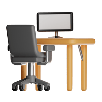 Modern office desk and chair with computer showing blank screen on transparent background png