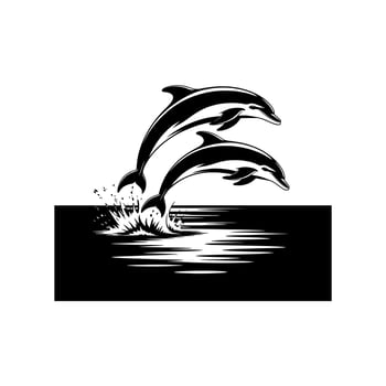 Two black dolphins leaping from water with splashes jumping vector