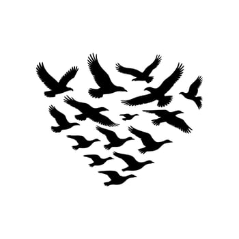 Flock of black birds flying in a heart shape formation silhouette vector
