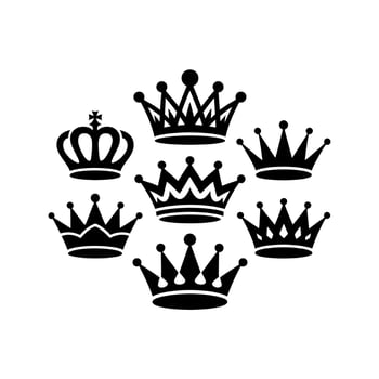 Collection of seven black royal crowns arranged in a circular pattern king queen vector