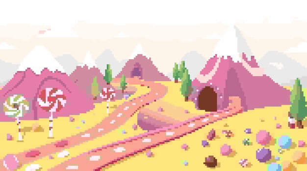 Pixelated Candy Land with Lollipops, Mountains, and Sweet Roads vector