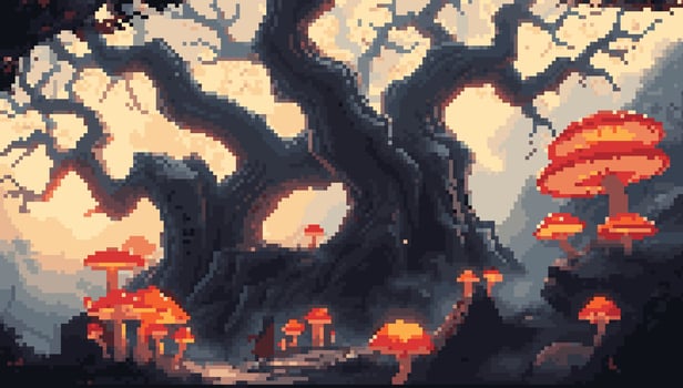 Pixel art forest with glowing mushrooms vector