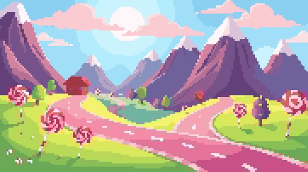 Pixel Art Candy Land Landscape with Pink Road and Mountains vector