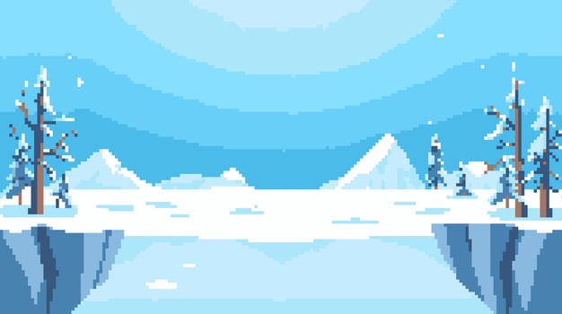 Pixel Art Winter Landscape with Snow-Covered Trees and Mountains vector