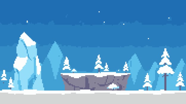 Pixel Art Winter Landscape with Iceberg, Mountains, Trees, and Snow vector