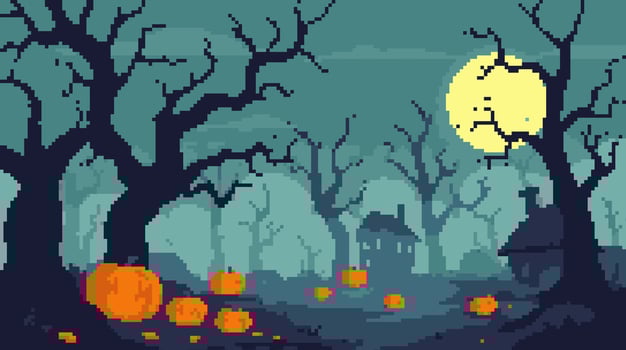 Pixelated Halloween Spooky Forest with Moon, House, and Pumpkins vector