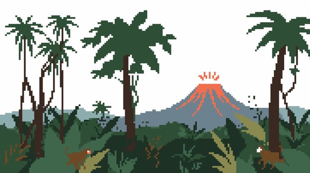 Pixelated Jungle Scene with Volcano and Monkeys vector