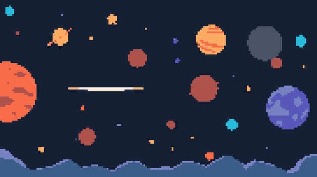Pixelated Cosmic Landscape Planets, Stars, and a Distant Horizon vector