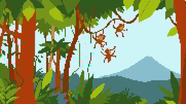 Pixelated Jungle Scene with Monkeys vector