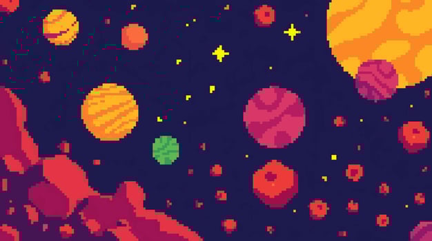 Pixelated Space Scene with Planets, Asteroids, and Stars vector