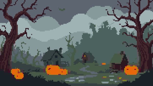 Pixelated Spooky Halloween Forest Landscape with Pumpkins vector