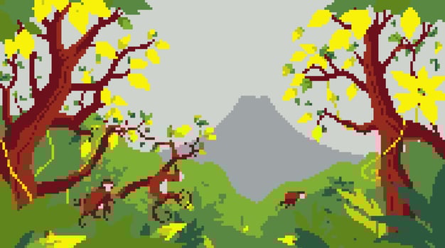 Pixelated Jungle Mosaic Featuring Monkeys, Trees, Mountain, and Lush Foliage vector
