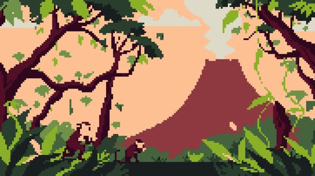 Pixelated Tropical Volcano with Monkeys in a Forest Landscape vector