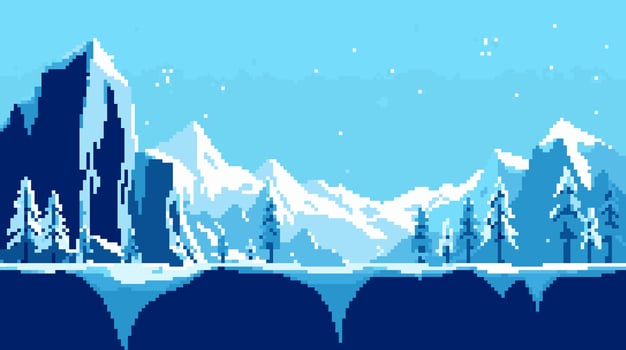 Pixelated Snowy Mountain Landscape with Trees and Blue Sky vector