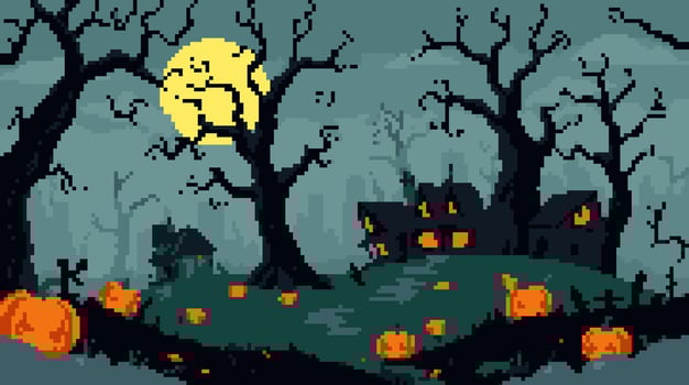 Pixelated Halloween Night Spooky Trees, Moon, Pumpkins, and Haunted House vector