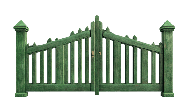 A bright green wooden gate stands open, inviting visitors into a lush garden filled with vibrant plants and flowers png