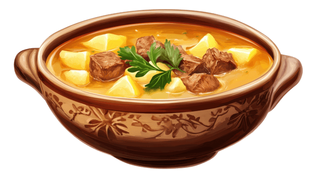 A warm and delicious beef stew filled with tender chunks of meat, potatoes, and herbs in a traditional bowl png