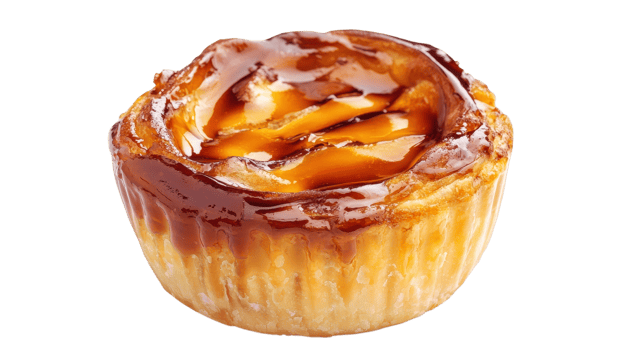 Dessert boasts a glossy caramel topping and flaky crust, highlighting expert pastry skills on a neutral backdrop png