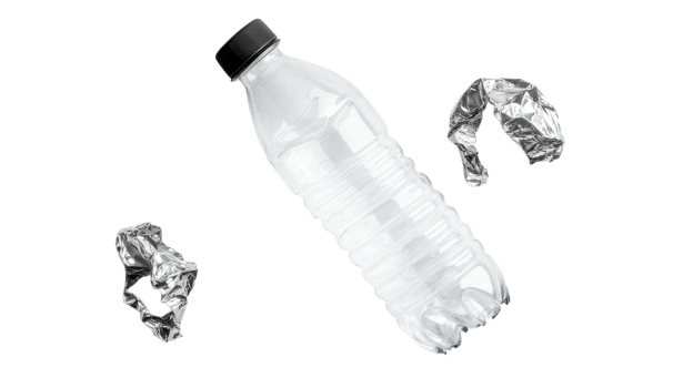 A clear plastic water bottle surrounded by crumpled aluminum foil pieces on a light backdrop during the day png