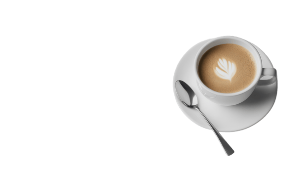 A latte with beautiful foam art sits on a saucer beside a stainless steel spoon in a bright setting png