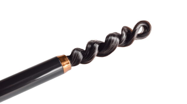A shiny black hair strand is elegantly curled around a curling iron, demonstrating a hair styling process png