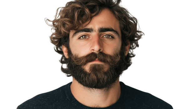 A young man stands confidently, showcasing his curly hair and prominent beard, exuding a relaxed yet engaging demeanor png
