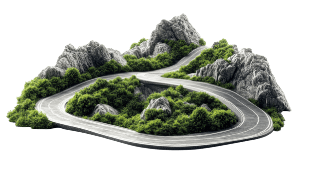 A curvy road navigates through rugged mountains, surrounded by dense greenery and rocky formations in bright daylight png