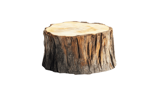 A sturdy wood stump showcases unique textures and grains, ideal for rustic decor or garden enhancement png