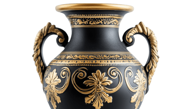A beautifully crafted black vase features ornate gold designs and elegant handles, showcasing artisanal craftsmanship png