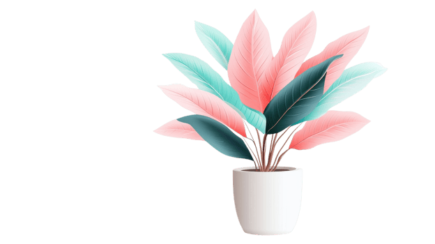 A vibrant plant with striking pink and teal leaves is displayed in a minimalist white pot, enhancing indoor decor png
