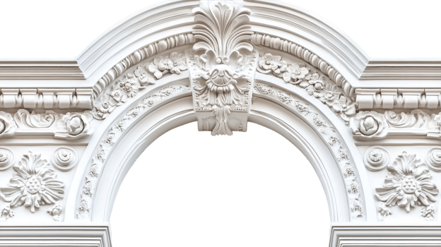 Detailed craftsmanship of a white architectural arch featuring ornate carvings and floral designs above a doorway png