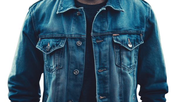 A man stands confidently in a denim jacket with a neutral expression, focusing on style and casual wear png
