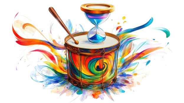A bright drum and hourglass are depicted with swirling colors, representing the dance of time and artistic expression png