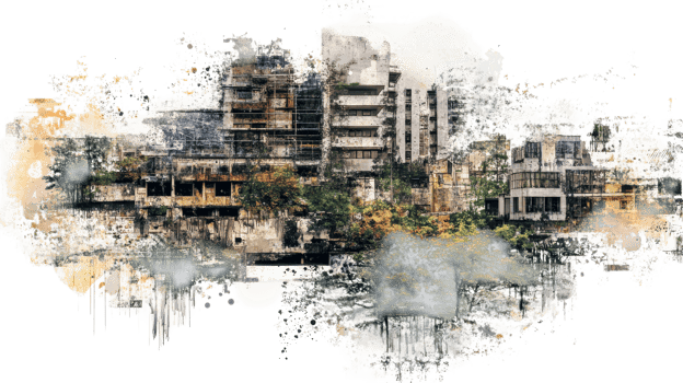 A blend of modern and aged architecture amid lush trees, showcasing urban life in a dynamic city environment png