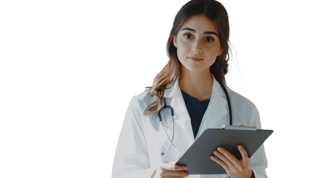 A confident medical professional in a clinic holds a clipboard and wears a stethoscope, ready for consultation png