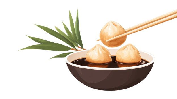 Three dumplings are lifted from a bowl of dark dipping sauce, highlighting a delightful culinary experience png