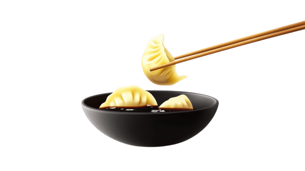 Dumplings hover above savory sauce, a vibrant culinary delight captured with chopsticks png