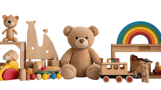 A variety of colorful toys and a plush bear are neatly displayed, inviting children to engage in imaginative play png
