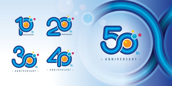 Set 10 to 50 years Anniversary logotype design, Ten to Fifty years Celebrating Logo. Abstract Infinity Round number 10, 20, 30 ,40, 50, Blue Infinity loop logos, Colorful Bubbles for celebration event vector