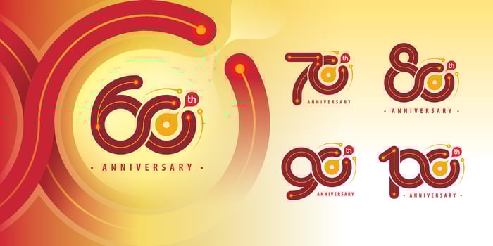 Set 60 to 100 year Anniversary logotype design, Sixty to Hundred years Celebrating Logo. Abstract Infinity Round number 60, 70, 80, 90, 100, Infinity logo with Chemistry Molecules cell for celebration vector