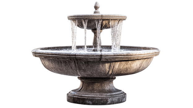 A stone fountain with two tiers pours water gracefully into a basin, surrounded by greenery under bright daylight png