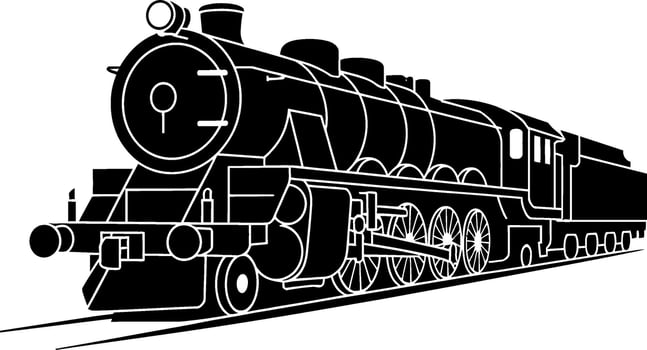 Black and white silhouette of a vintage steam locomotive on tracks steam train vector
